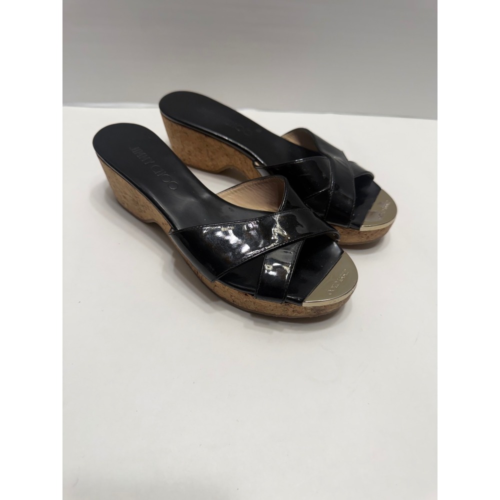 Jimmy Choo Black Patent Leather Cork Wedge Sandals Gold Logo Plate Slides 36